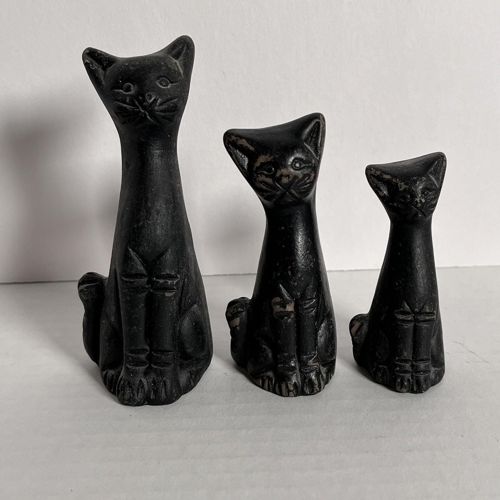 VTG Lot 3 Black Clay? Cat MCM Mexican Folk Art Long Neck Cats
